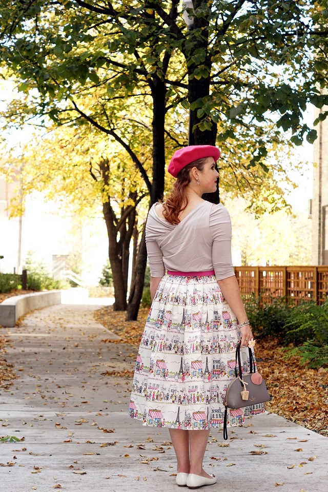 Winnipeg Style, Chicwish A Date with Paris printed midi skirt, Chicwish grey off the shoulder top, Kate Spade A cat
